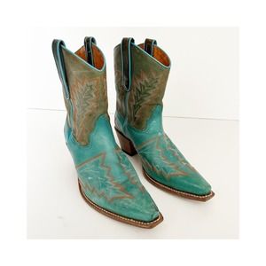 FRYE turquoise teal leather heeled Cowboy Western BOOTS size 9 M pull-on.